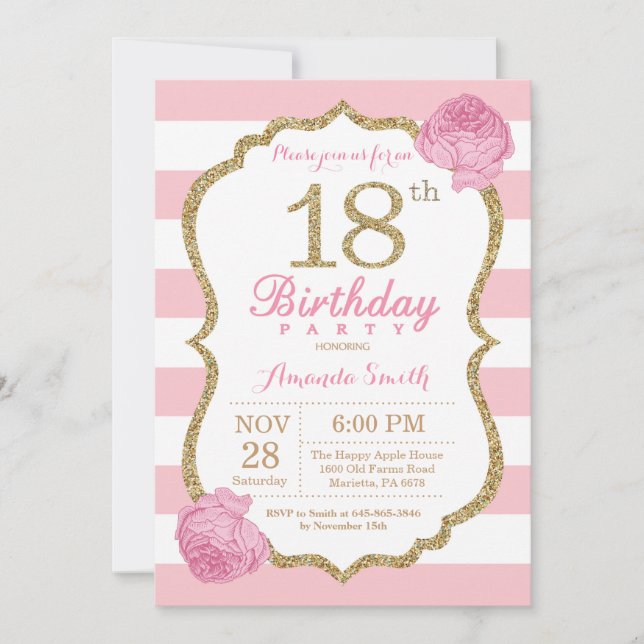 18th Birthday Invitation Pink and Gold Floral (Front)