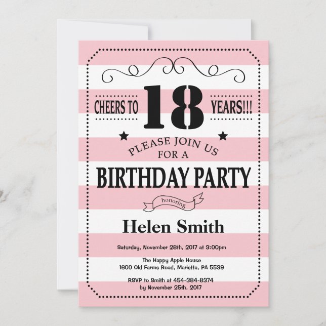 18th Birthday Invitation Pink and White Stripes (Front)