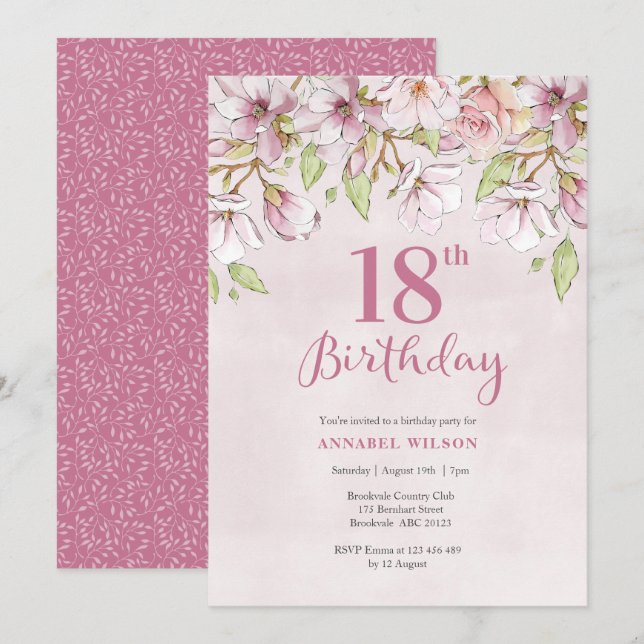 18th Birthday Invitation Pink Floral (Front/Back)