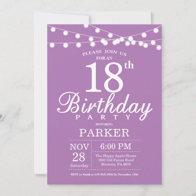 18th Birthday Invitation Purple Lavender Lilac (Front)