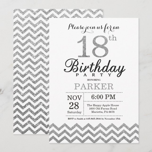 18th Birthday Invitation Silver Glitter (Front/Back)