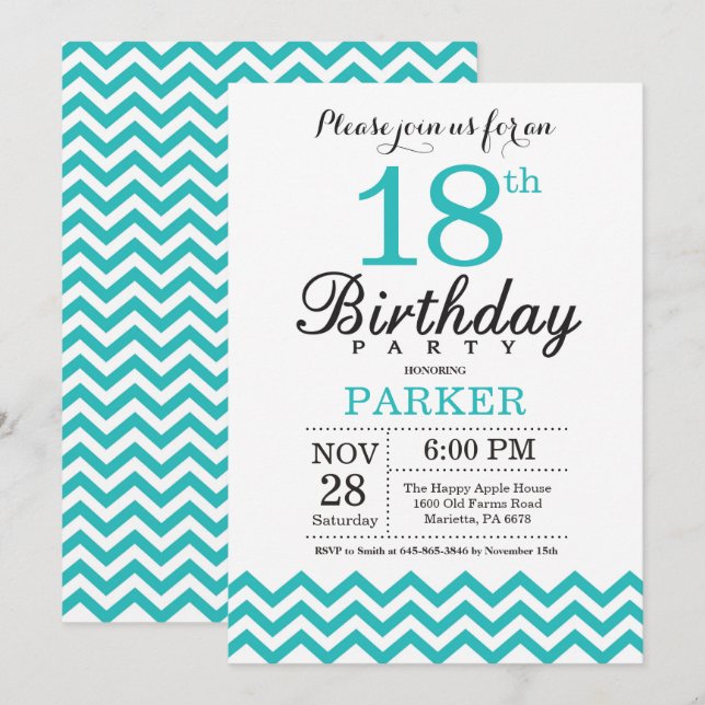 18th Birthday Invitation Teal Chevron (Front/Back)