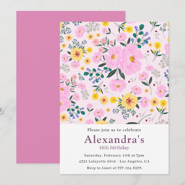 18th birthday invitations Boho Floral Pink (Front/Back)