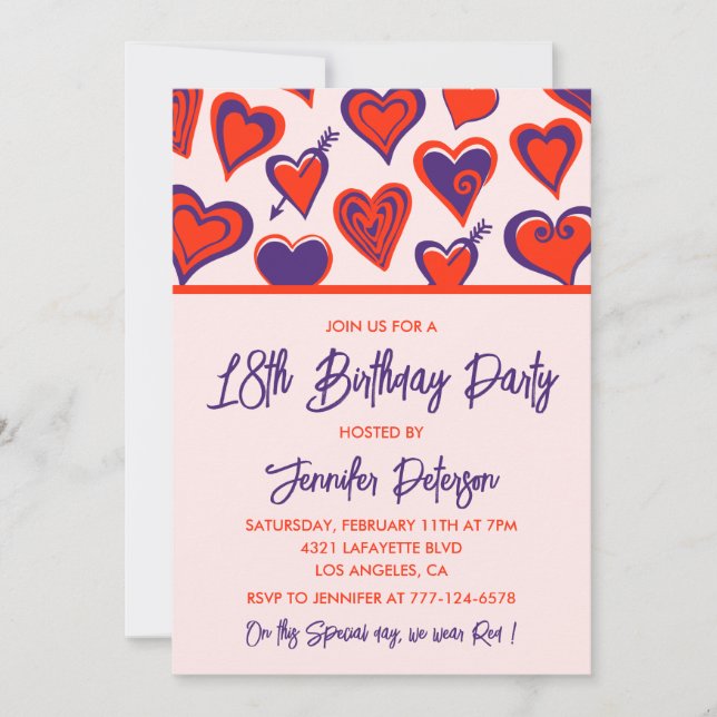 18th birthday invitations Glam Cute Red Heart  (Front)