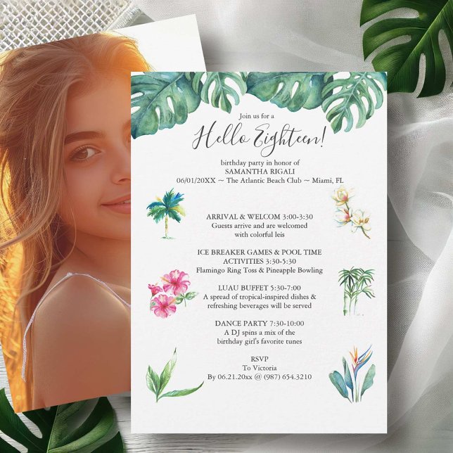 18th Birthday Invitations Luau Pool Party  (18th birthday invitations tropical flowers icons watercolor art by Victoria Grigaliunas )
