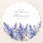 18th Birthday July Birth Flower Larkspur Custom Paper Coaster<br><div class="desc">Perfect table decor for a July birthday party. Blue larkspur (delphinium) is the birth flower for that month. It forms a pretty watercolor bottom border on this floral personalized round coaster with scalloped edges. The birthday celebrant's name, age and birthdate are placed above it using elegant calligraphy and typography. All...</div>