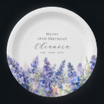 18th Birthday July Birth Flower Larkspur Custom Paper Plate<br><div class="desc">Perfect table decor for a July birthday party. Blue larkspur (delphinium) is the birth flower for that month. It forms a pretty watercolor bottom border on this floral personalized paper plate. The birthday celebrant's name, age and birthdate are placed above it using elegant calligraphy and typography. All text is editable....</div>