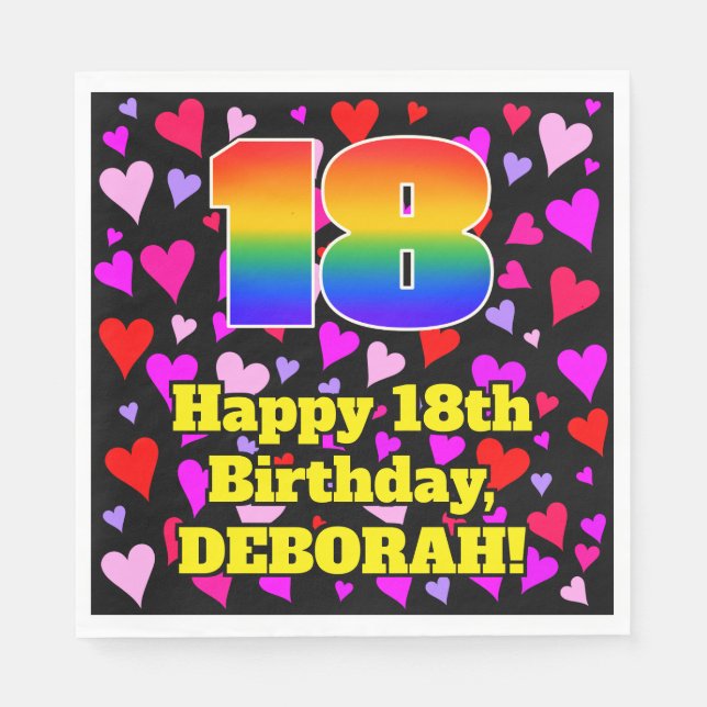 18th Birthday: Loving Hearts Pattern, Rainbow # 18 Napkin (Front)
