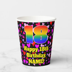 18th Birthday: Loving Hearts Pattern, Rainbow 18 Paper Cups