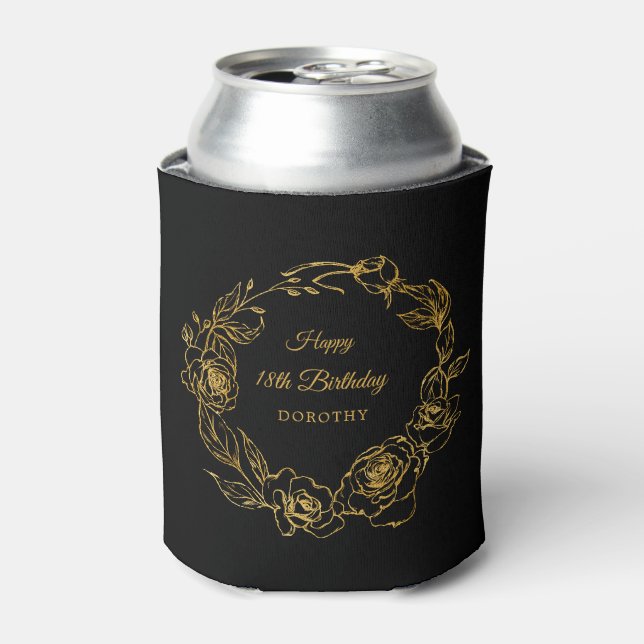 18th Birthday Luxe Gold Rose Personalized Black Can Cooler (Can Front)