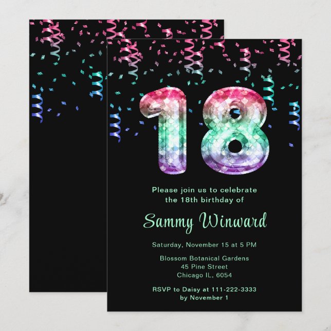 18th Birthday Mermaid Balloons with Confetti Invitation (Front/Back)