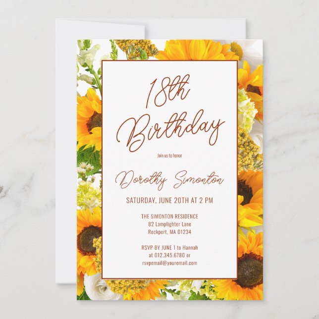 18th Birthday Modern Sunflower Floral Invitation (Front)