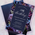 18th Birthday Moody Purple Flower Invitation<br><div class="desc">Moody purple flowers create a lush border on this 18th birthday party invitation. Pops of dusty blue and ivory white add to the floral display. A dark background adds to the mood and makes the white text pop. Traditional calligraphy script gives it an elegant vibe. Except for the word birthday,...</div>