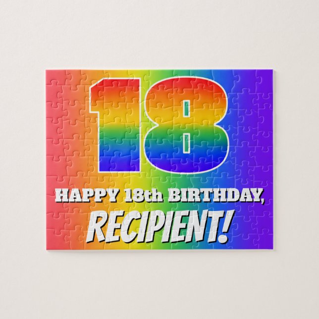 18th Birthday — Multicolored Rainbow Pattern “18” Jigsaw Puzzle (Horizontal)