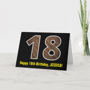 18th Birthday: Name + Faux Wood Grain Pattern "18" Card