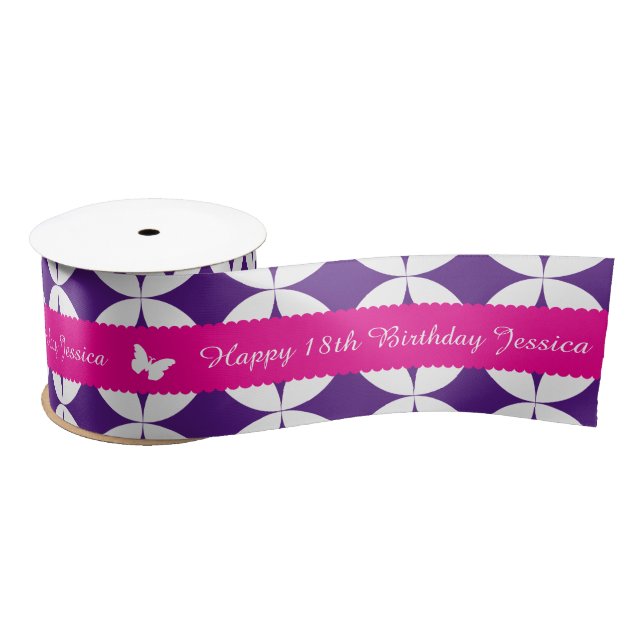 18th birthday name pink white butterfly ribbon satin ribbon (Spool)