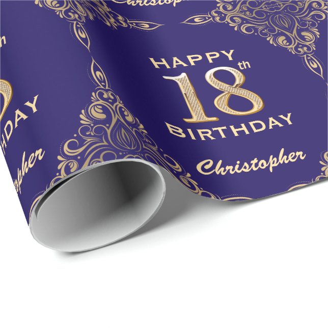 18th Birthday Navy Blue and Gold Glitter Frame Wrapping Paper (Roll Corner)