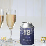 18th birthday navy blue silver glitter dust name can cooler<br><div class="desc">A cooler for a girly and glamourous 18th birthday party with the girls. A navy blue background with faux silver glitter dust. The blue colour is uneven. The name is written with a modern hand lettered style script. Personalize and a date and name. Number 18 is written with a balloon...</div>