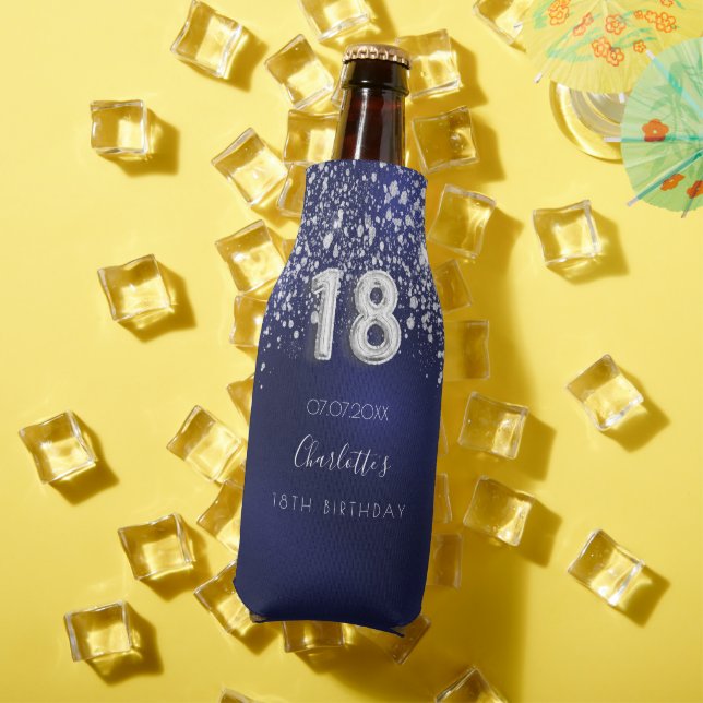 18th birthday navy blue silver glitter name bottle cooler (In Situ Summer)