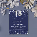 18th birthday navy blue silver invitation<br><div class="desc">A modern,  stylish and glamourous invitation for a 18th birthday party.  A navy blue background,  decorated with faux silver stars. Personalize and add your name and party details.  Number 18 is written with a balloon style font. 

1 sheet = 1 invitation printed edge to edge.</div>