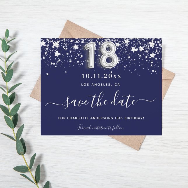 18th birthday navy blue silver save date budget flyer (Creator Uploaded)