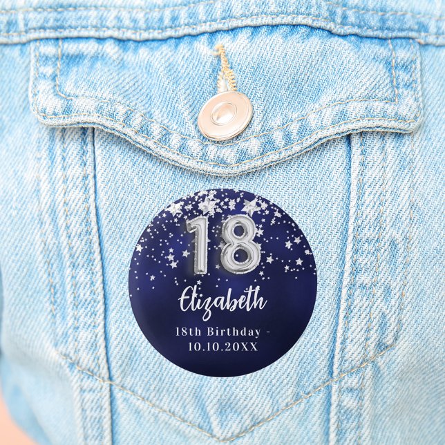 18th birthday navy blue silver stars 1 inch round button (Creator Uploaded)