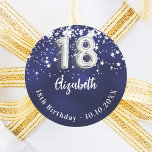 18th birthday navy blue silver stars classic round sticker<br><div class="desc">A sticker for an 18th birthday party. A navy blue background colour with faux silver stars. The blue colour is uneven.  Add your name,  text.</div>