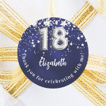 18th birthday navy blue silver stars classic round sticker<br><div class="desc">A sticker for an 18th birthday celebration. A navy blue background colour with faux silver stars. The blue colour is uneven.  Add your name,  text. Text: Thank you for celebrating with me!</div>