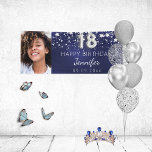 18th birthday navy blue silver stars photo party banner<br><div class="desc">Celebrating a 18th birthday. A dark blue background. The blue colour is uneven. Decorated with faux silver stars. Personalize and add your own photo of the birthday girl. Use a vertical/portrait size photo. Personalize and add a name, and a date. Can be used both as welcome banner or party wall...</div>