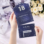 18th Birthday navy blue silver stars rsvp All In One Invitation<br><div class="desc">A navy blue background,  decorated with stars. The blue colour is uneven.  Personalize and add names,  party details,  RSVP date,  return address and name.  Number 18 is written with a balloon style font.</div>