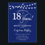 18th Birthday - Navy Blue White Invitation<br><div class="desc">18th Birthday Invitation.
Simple navy blue and white design with fairy string lights and script font. Cheers to 18 years! Can be personalized into any age! Message me if you need further customization.</div>