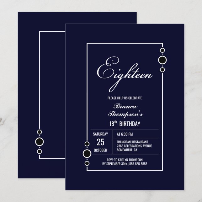 18th Birthday Navy Blue with White Frame Party Invitation (Front/Back)