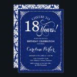 18th Birthday - Navy White Damask Invitation<br><div class="desc">18th Birthday Invitation.
Elegant vintage navy blue and white design with damask pattern. Features script font. Cheers to 18 years! Can be personalized into any age! Message me if you need further customization.</div>