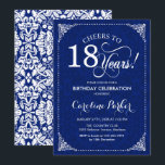18th Birthday - Navy White Damask Invitation<br><div class="desc">18th Birthday Invitation.
Elegant vintage navy blue and white design with damask pattern. Features script font. Cheers to 18 years! Can be personalized into any age! Message me if you need further customization.</div>