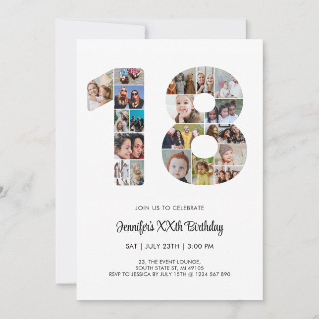 18th Birthday Number 18 Custom Photo Collage Invitation (Front)