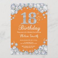 18th Birthday Orange and Silver Diamond