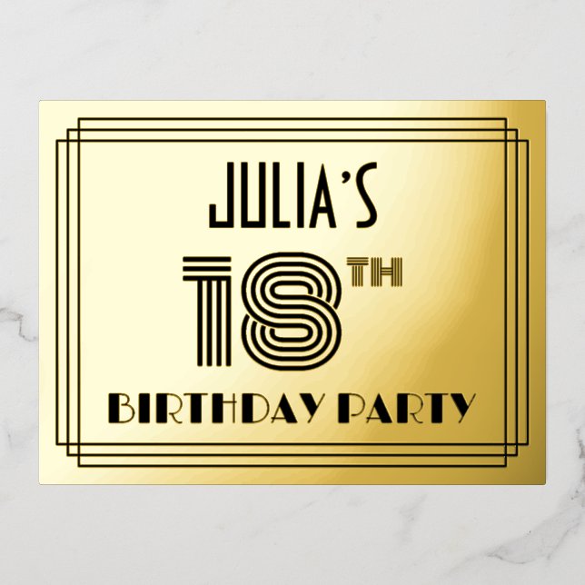 18th Birthday Party ~ Art Deco Style “18” + Name Foil Invitation Postcard (Front)