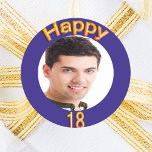 18th birthday party bkue gold photo classic round sticker<br><div class="desc">A sticker for a 18th birthday party for guys. Template for your photo.  Blue background and the text: Happy 18.  The text is written with a trendy faux gold balloon script.</div>