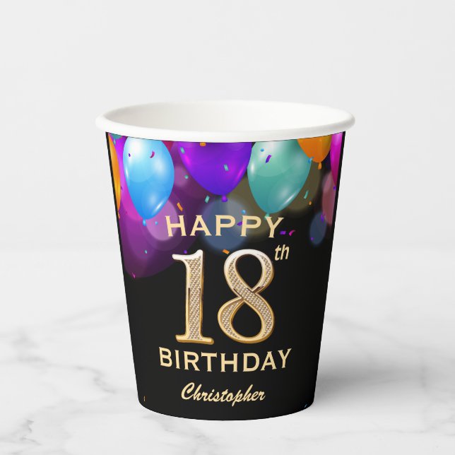 18th Birthday Party Black and Gold Confetti Paper Cups (Front)