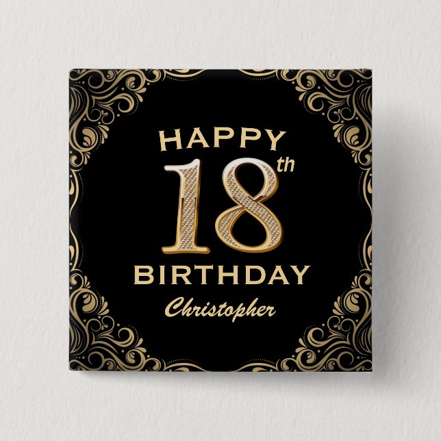 18th Birthday Party Black and Gold Glitter Frame 2 Inch Square Button (Front)