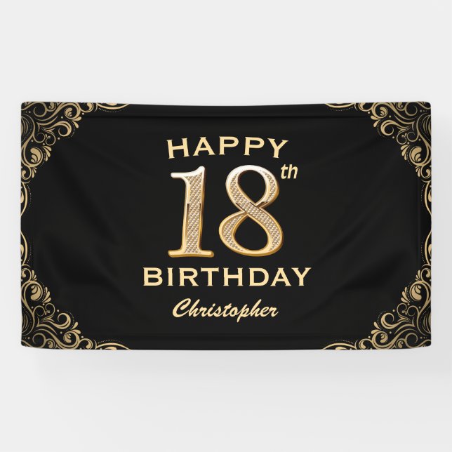 18th Birthday Party Black and Gold Glitter Frame Banner (Horizontal)
