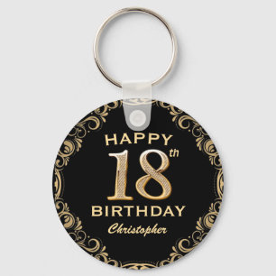 18th Birthday Party Black and Gold Glitter Frame Keychain