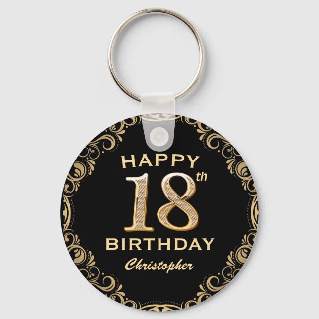 18th Birthday Party Black and Gold Glitter Frame Keychain (Front)