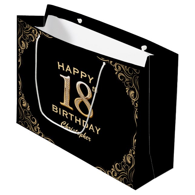 18th Birthday Party Black and Gold Glitter Frame Large Gift Bag (Front Angled)