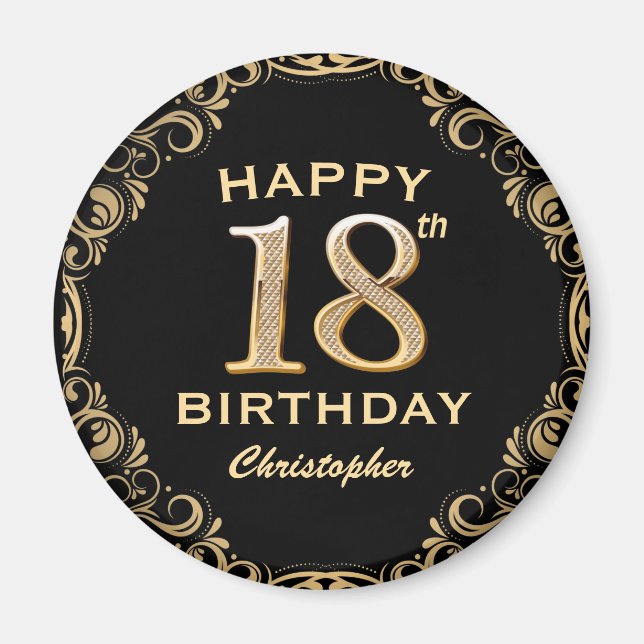18th Birthday Party Black and Gold Glitter Frame Magnet (Front)