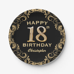 18th Birthday Party Black and Gold Glitter Frame Paper Plate