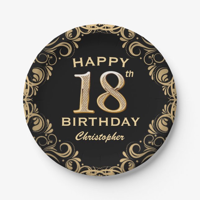 18th Birthday Party Black and Gold Glitter Frame Paper Plate (Front)