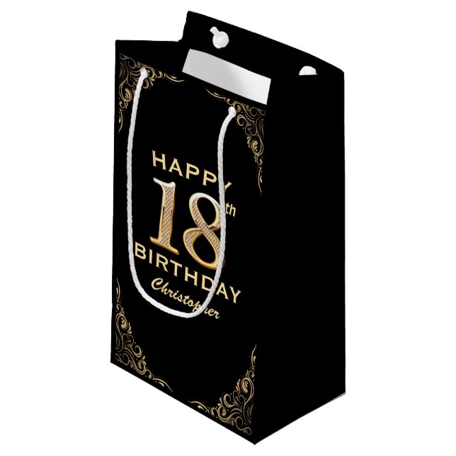 18th Birthday Party Black and Gold Glitter Frame Small Gift Bag (Front Angled)