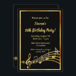 18th birthday party black and gold music notes invitation<br><div class="desc">Let's party and dance! A trendy,  modern 18th birthday party invitation card for both men and women.  A classic black background,  with faux gold  frame and music notes,  golden coloured letters. Templates for your party information.  Back: Black colour faux gold music notes.</div>