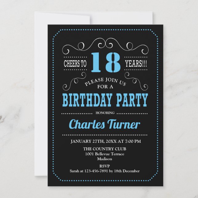 18th Birthday Party - Black Blue Invitation (Front)